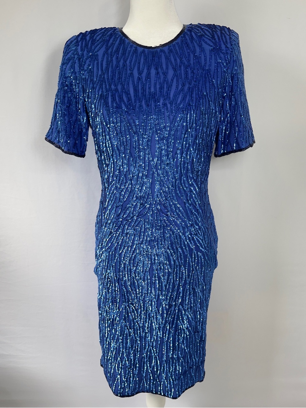 Stenay Vintage Silk Sequin Dress Sz P10 Blue Beaded Sheath Cocktail Party